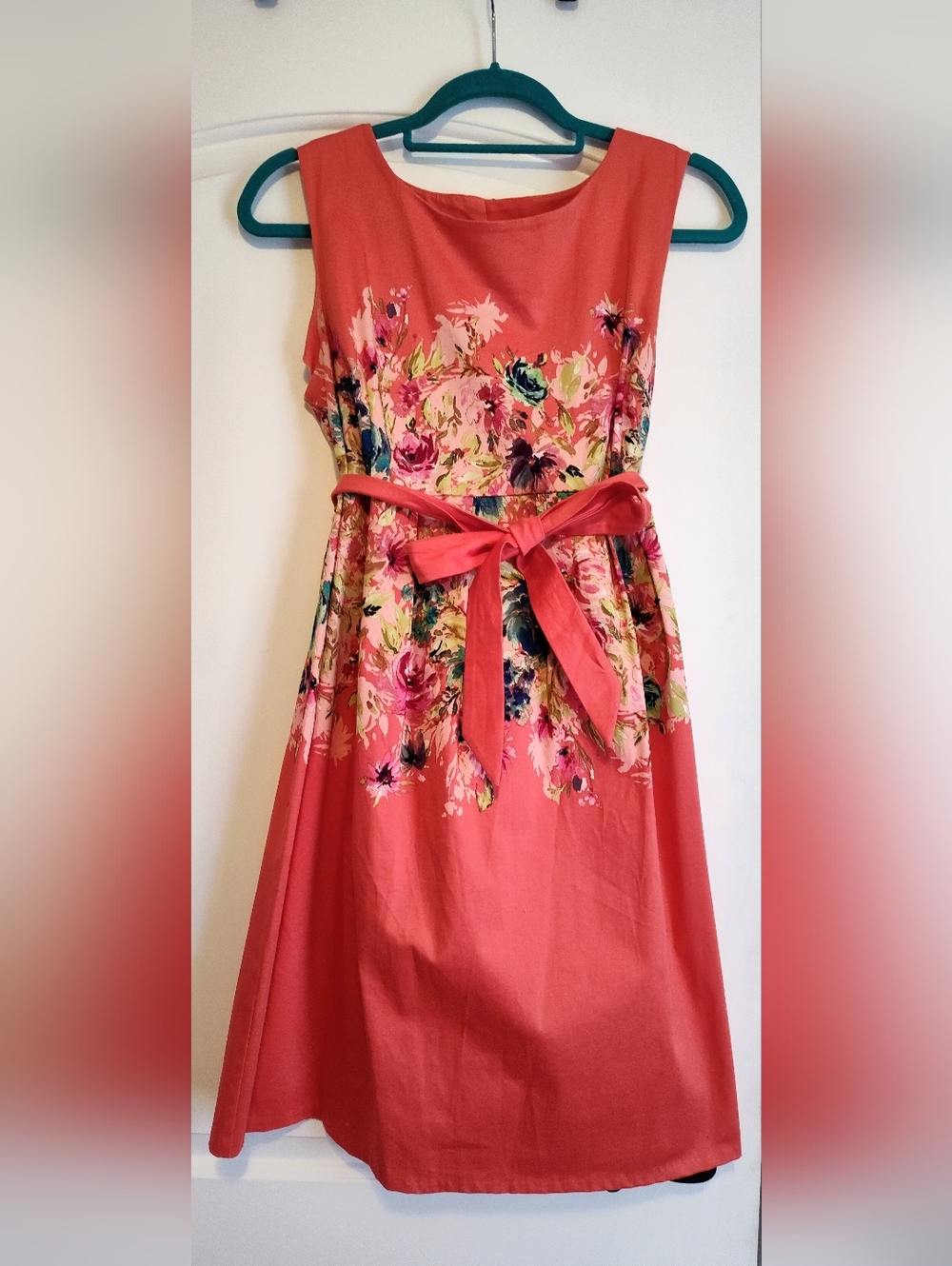 Motherhood Coral Floral Belted Dress with Pink and Green Accents